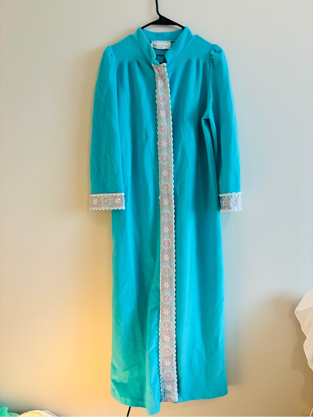 Vintage Turquoise Long Embroidered Trim Women's House Coat